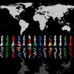 g20 countries flags paint over on chess king. 3D illustration. world map on background.