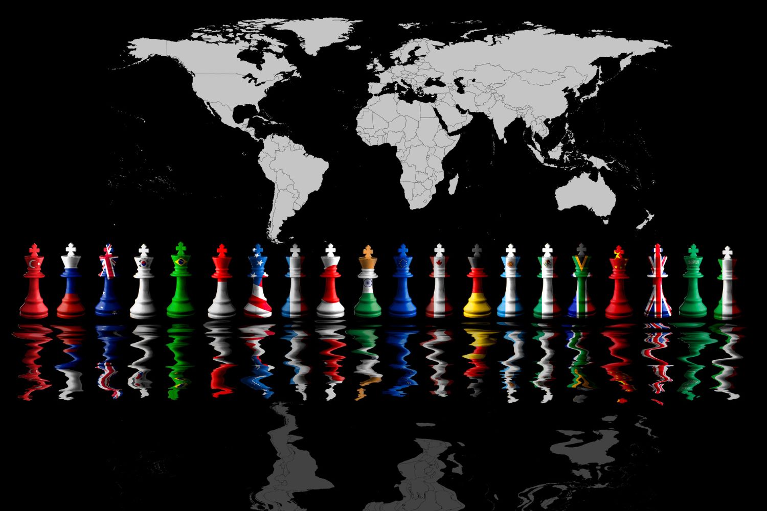 g20 countries flags paint over on chess king. 3D illustration. world map on background.