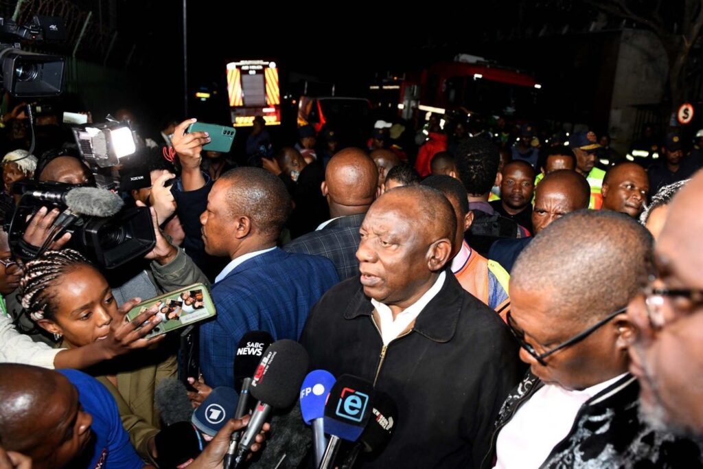 JHB Fire Cyril Ramaphosa being interviewed by media.