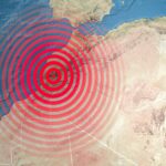 Earthquake map in Morocco, Atlas Mountains, shake, elements of this image are furnished by NASA. Land struck by a strong earthquake magnitude