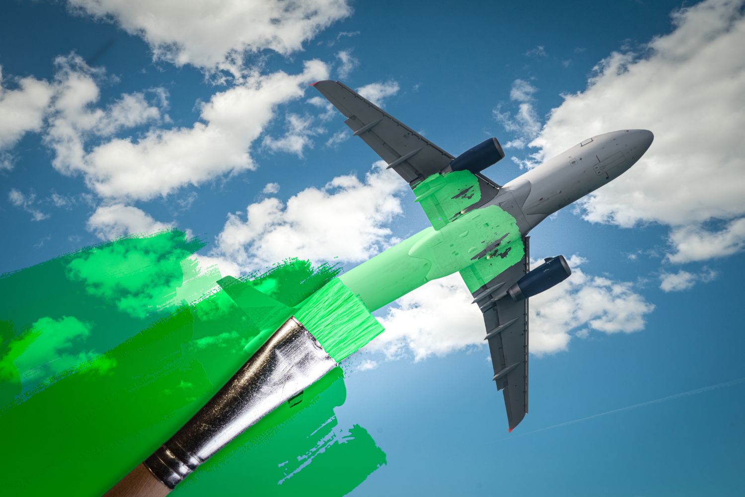 brush painting green an aircraft. Greenwashing malpractice, Zero emissions, SAF or Sustainable Aviation Fuel, Circular economy, net CO2 emissions or biofuel concepts.