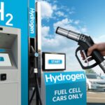 Hand with H2 nozzle on a background of hydrogen filling station. Clean mobility concept