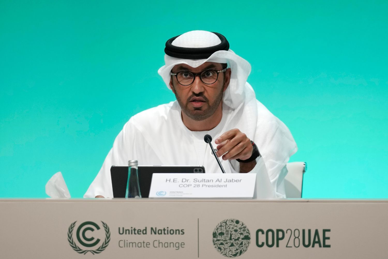 COP28 President Sultan al-Jaber speaks at a news conference at the COP28 U.N. Climate Summit, Thursday, Nov. 30, 2023, in Dubai, United Arab Emirates. (AP Photo/Peter Dejong)