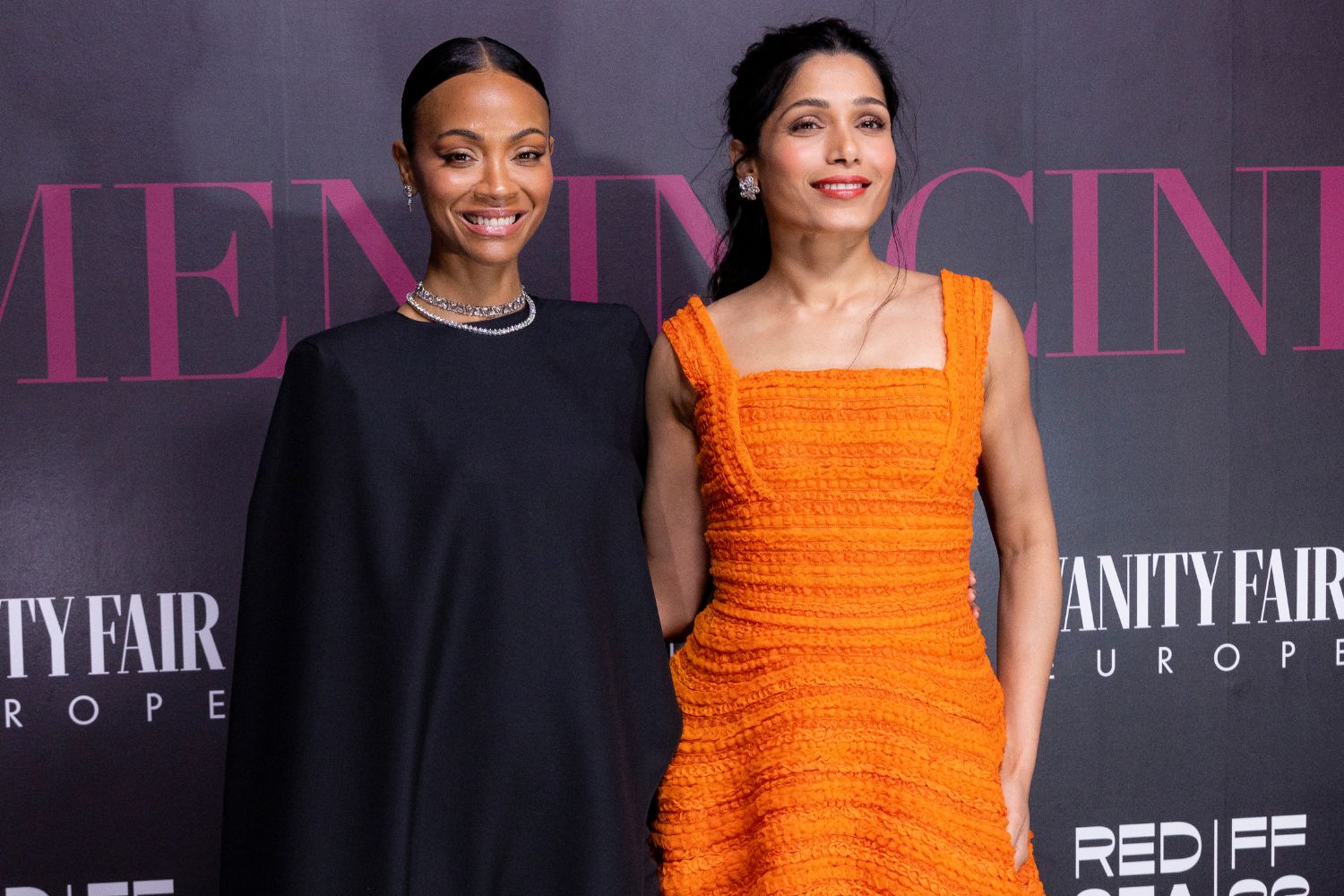 Zoe Saldana, left and Freida Pinto pose for photographers upon arrival for the 'Women in Film' event during the The Red Sea International Film Festival in Jeddah, Saudi Arabia, Friday, Dec. 1, 2023.