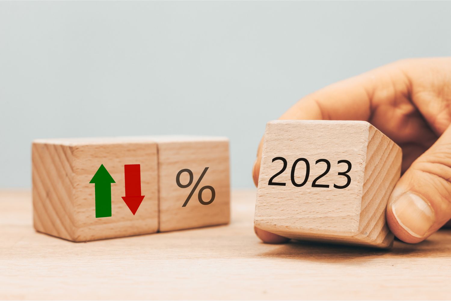 Year 2023 business concept. Economic and financial analysis, interest rates, stocks, bonds, ranking, mortgage, loan rates, Percent, up or down, arrow symbol stock photo