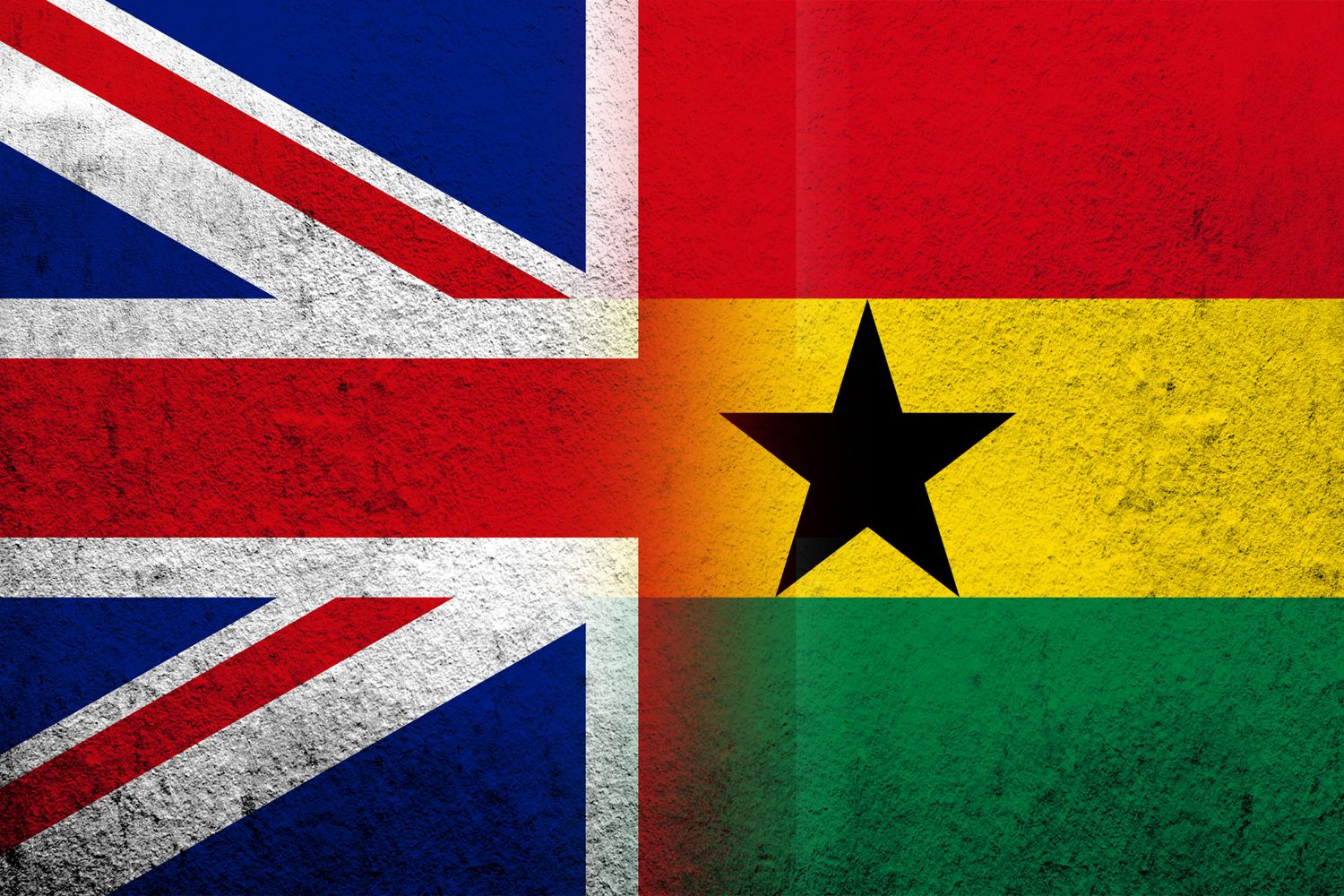 National flag of United Kingdom (Great Britain) Union Jack with Republic of Ghana National flag. Grunge background stock illustration