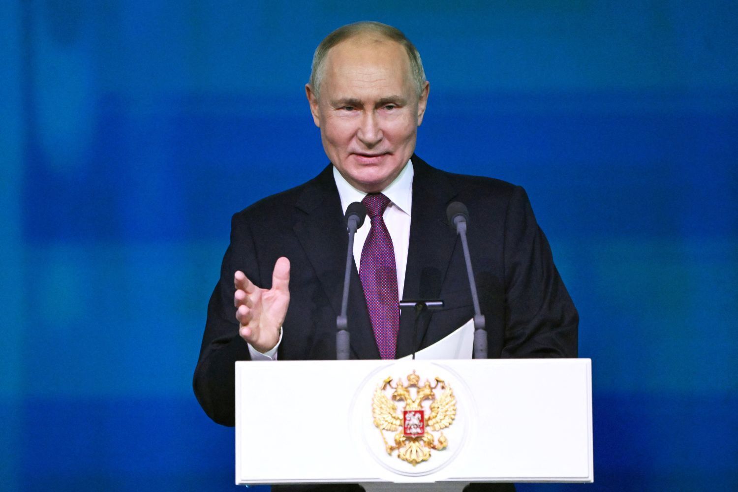 Russian state agency Sputnik, Russia's President Vladimir Putin addresses the audience during the celebration of the 300th anniversary of the Russian Academy of Sciences in Moscow on February 8, 2024.